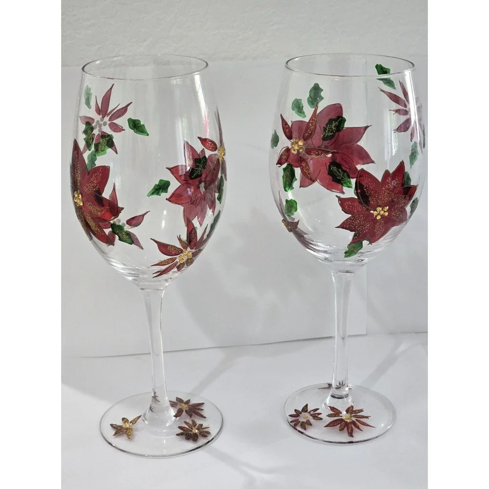 Wine Glasses Hand Painted Set of 2 Christmas Pointsettia